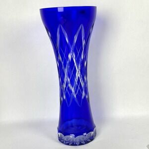 Cut To Clear Cobalt Vase USSR Bohemian Glass Crystal Hand Cut Vintage 11"